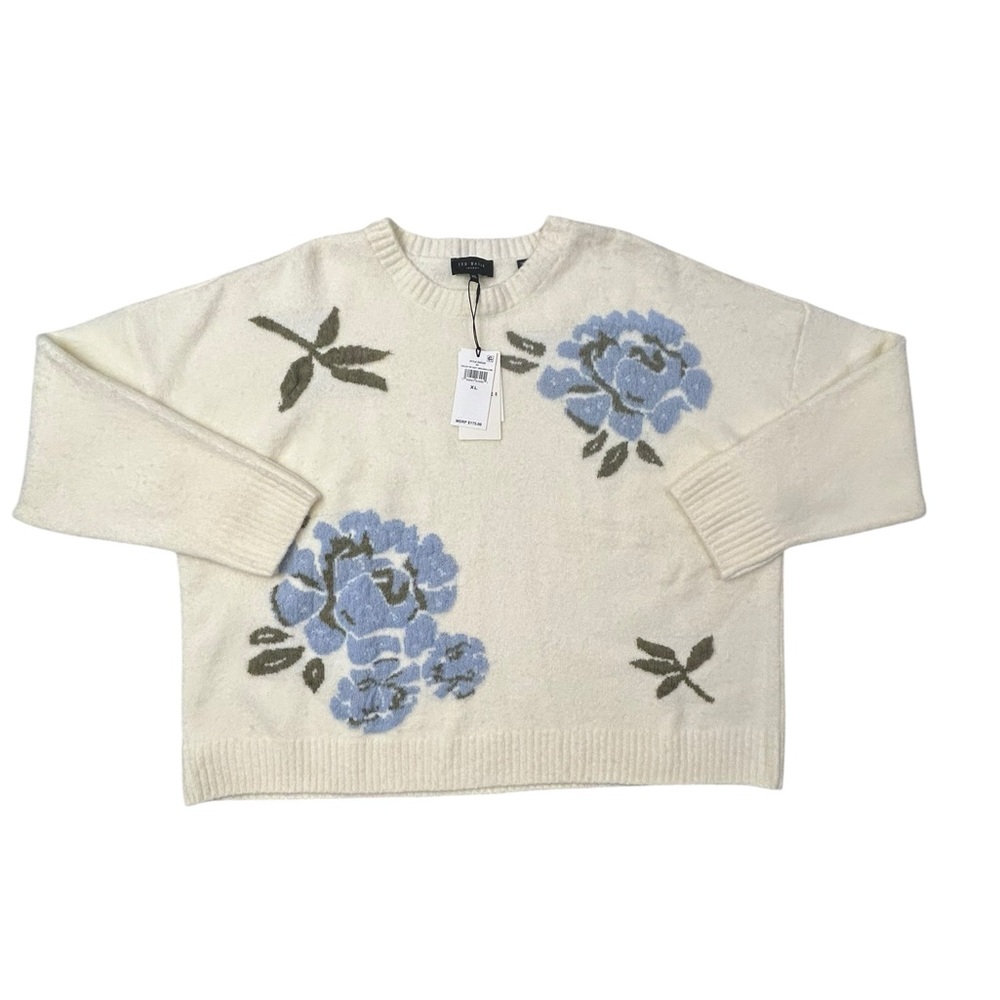 NEW Ted Baker Women’s Cream Wool Blend Crewneck‎ Sweater Blue Floral XL Soft